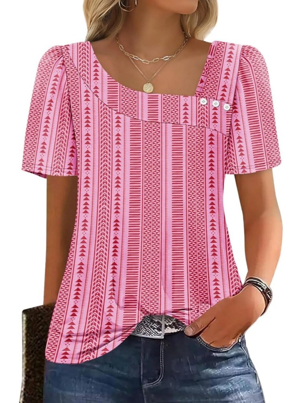 Women Stripes Hot Pink Square Neck Blouse Summer Casual Short Sleeve Spring Top